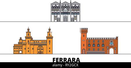 L'Italia, Ferrara flat landmarks illustrazione vettoriale. Italia a Ferrara città di linea con le più famose attrazioni di viaggio, skyline, design. Illustrazione Vettoriale
