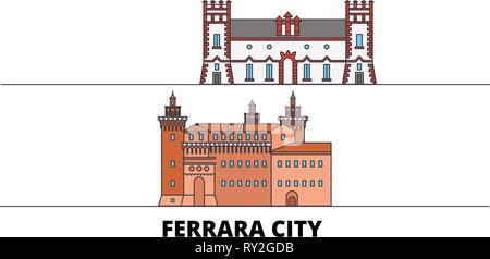 L'Italia, Ferrara city flat landmarks illustrazione vettoriale. L'Italia, la città di Ferrara città di linea con le più famose attrazioni di viaggio, skyline, design. Illustrazione Vettoriale