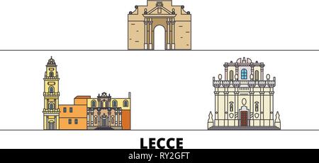 L'Italia, Lecce flat landmarks illustrazione vettoriale. L'Italia, Lecce città di linea con le più famose attrazioni di viaggio, skyline, design. Illustrazione Vettoriale