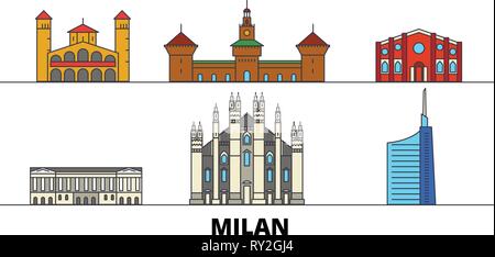 Italia Milano punti di riferimento piatta illustrazione vettoriale. Italia Milano città di linea con le più famose attrazioni di viaggio, skyline, design. Illustrazione Vettoriale