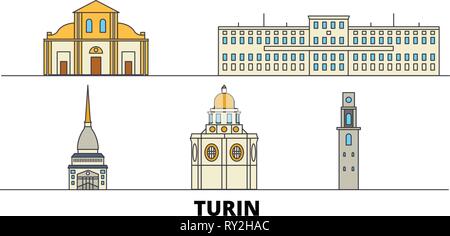 L'Italia, Torino flat landmarks illustrazione vettoriale. L'Italia, Torino città di linea con le più famose attrazioni di viaggio, skyline, design. Illustrazione Vettoriale