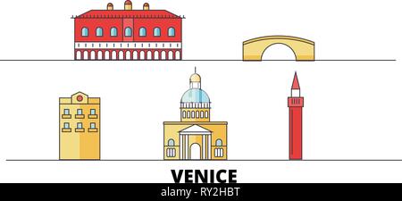 L'Italia, la città di Venezia appartamento landmarks illustrazione vettoriale. L'Italia, la città di Venezia città di linea con le più famose attrazioni di viaggio, skyline, design. Illustrazione Vettoriale