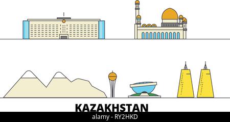 Il Kazakistan flat landmarks illustrazione vettoriale. Il Kazakistan città di linea con le più famose attrazioni di viaggio, skyline, design. Illustrazione Vettoriale