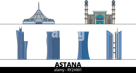 Il Kazakistan, Astana flat landmarks illustrazione vettoriale. Il Kazakistan, Astana città di linea con le più famose attrazioni di viaggio, skyline, design. Illustrazione Vettoriale