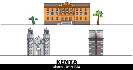 Kenya appartamento landmarks illustrazione vettoriale. Kenya città di linea con le più famose attrazioni di viaggio, skyline, design. Illustrazione Vettoriale