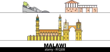 Il Malawi flat landmarks illustrazione vettoriale. In Malawi la città di linea con le più famose attrazioni di viaggio, skyline, design. Illustrazione Vettoriale
