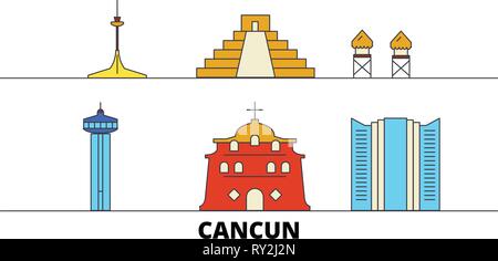 Messico, Cancun flat landmarks illustrazione vettoriale. Messico, Cancun città di linea con le più famose attrazioni di viaggio, skyline, design. Illustrazione Vettoriale