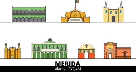 Messico, Merida flat landmarks illustrazione vettoriale. Messico, Merida città di linea con le più famose attrazioni di viaggio, skyline, design. Illustrazione Vettoriale