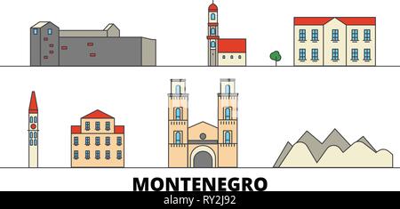 Appartamento Montenegro landmarks illustrazione vettoriale. Montenegro città di linea con le più famose attrazioni di viaggio, skyline, design. Illustrazione Vettoriale