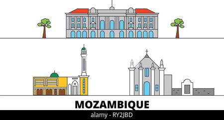 Mozambico appartamento landmarks illustrazione vettoriale. In Mozambico la città di linea con le più famose attrazioni di viaggio, skyline, design. Illustrazione Vettoriale