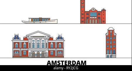 Paesi Bassi, Amsterdam appartamento landmarks illustrazione vettoriale. Paesi Bassi, Amsterdam città di linea con le più famose attrazioni di viaggio, skyline, design. Illustrazione Vettoriale