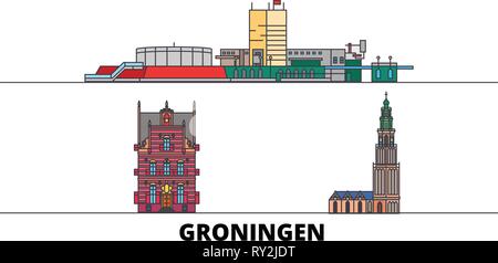 Paesi Bassi, Groningen flat landmarks illustrazione vettoriale. Paesi Bassi, Groningen città di linea con le più famose attrazioni di viaggio, skyline, design. Illustrazione Vettoriale