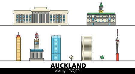 Nuova Zelanda Auckland punti di riferimento piatta illustrazione vettoriale. Nuova Zelanda Auckland City line con le più famose attrazioni di viaggio, skyline, design. Illustrazione Vettoriale