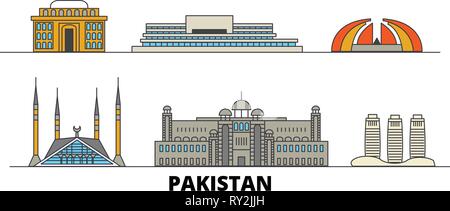 Il Pakistan, Islamabad flat landmarks illustrazione vettoriale. Il Pakistan, Islamabad città di linea con le più famose attrazioni di viaggio, skyline, design. Illustrazione Vettoriale