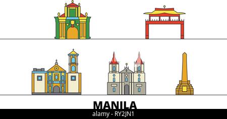 Filippine, Manila flat landmarks illustrazione vettoriale. Filippine, Manila città di linea con le più famose attrazioni di viaggio, skyline, design. Illustrazione Vettoriale