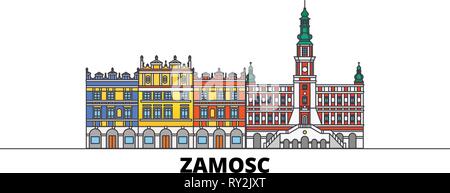 La Polonia, Zamosc flat landmarks illustrazione vettoriale. Polonia, Zamosc città di linea con le più famose attrazioni di viaggio, skyline, design. Illustrazione Vettoriale