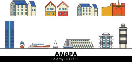 Russia, Anapa flat landmarks illustrazione vettoriale. Russia, Anapa città di linea con le più famose attrazioni di viaggio, skyline, design. Illustrazione Vettoriale