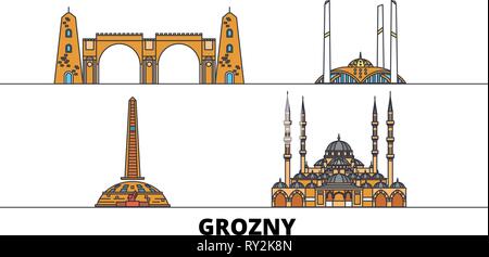 Russia, Grozny flat landmarks illustrazione vettoriale. Russia, Grozny città di linea con le più famose attrazioni di viaggio, skyline, design. Illustrazione Vettoriale
