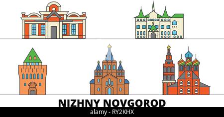 Russia, Nizhny Novgorod flat landmarks illustrazione vettoriale. Russia, Nizhny Novgorod città di linea con le più famose attrazioni di viaggio, skyline, design. Illustrazione Vettoriale