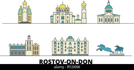 Russia, Rostov sul Don flat landmarks illustrazione vettoriale. Russia, Rostov sul Don la linea city con le più famose attrazioni di viaggio, skyline, design. Illustrazione Vettoriale