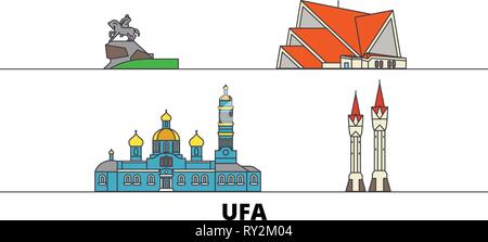 La Russia, Ufa flat landmarks illustrazione vettoriale. Russia, Ufa città di linea con le più famose attrazioni di viaggio, skyline, design. Illustrazione Vettoriale