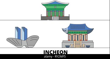 Corea del Sud, Incheon punti di riferimento piatta illustrazione vettoriale. Corea del Sud, linea di Incheon City con le più famose attrazioni di viaggio, skyline, design. Illustrazione Vettoriale