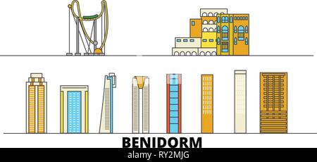 Spagna, Benidorm monumenti piatta illustrazione vettoriale. Spagna, Benidorm città di linea con le più famose attrazioni di viaggio, skyline, design. Illustrazione Vettoriale