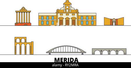 Spagna, Merida flat landmarks illustrazione vettoriale. Spagna, Merida città di linea con le più famose attrazioni di viaggio, skyline, design. Illustrazione Vettoriale