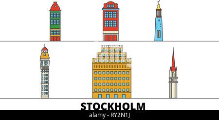 La Svezia, Stoccolma flat landmarks illustrazione vettoriale. La Svezia, Stoccolma città di linea con le più famose attrazioni di viaggio, skyline, design. Illustrazione Vettoriale