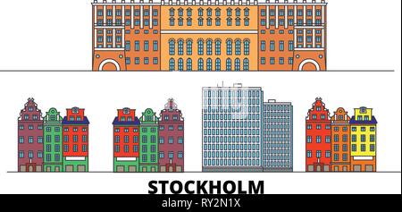 La Svezia, Stoccolma city flat landmarks illustrazione vettoriale. La Svezia, Stoccolma City line city con le più famose attrazioni di viaggio, skyline, design. Illustrazione Vettoriale