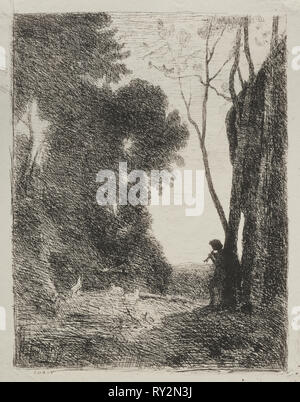 Il piccolo pastore, IMPRESSIONE ORIGINALE 1855, stampato in 1921. Jean Baptiste Camille Corot (Francese, 1796-1875). Il cliché-verre; foglio: 36,3 x 28,5 cm (14 5/16 x 11 1/4 in.); immagine: 33,5 x 25,5 cm (13 3/16 x 10 1/16 in Foto Stock