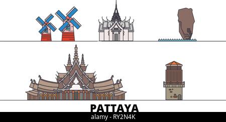 Thailandia, Pattaya flat landmarks illustrazione vettoriale. Thailandia, Pattaya città di linea con le più famose attrazioni di viaggio, skyline, design. Illustrazione Vettoriale