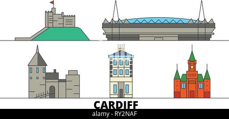 Regno Unito, Cardiff Attrazioni piatta illustrazione vettoriale. Regno Unito, linea di Cardiff City con le più famose attrazioni di viaggio, skyline, design. Illustrazione Vettoriale