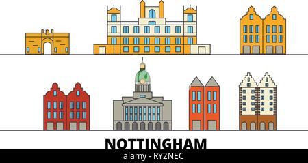 Regno Unito, Nottingham Attrazioni piatta illustrazione vettoriale. Regno Unito, linea di Nottingham City con le più famose attrazioni di viaggio, skyline, design. Illustrazione Vettoriale