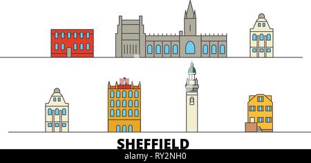 Regno Unito Sheffield monumenti piatta illustrazione vettoriale. Regno Unito, linea di Sheffield City con le più famose attrazioni di viaggio, skyline, design. Illustrazione Vettoriale