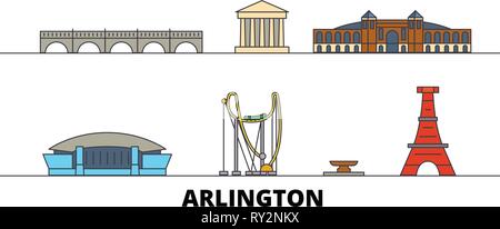 Stati Uniti, Arlington flat landmarks illustrazione vettoriale. Stati Uniti, Arlington città di linea con le più famose attrazioni di viaggio, skyline, design. Illustrazione Vettoriale