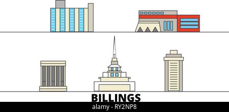 Stati Uniti, Billings flat landmarks illustrazione vettoriale. Stati Uniti, Billings città di linea con le più famose attrazioni di viaggio, skyline, design. Illustrazione Vettoriale