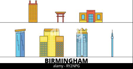 Stati Uniti, Birmingham Attrazioni piatta illustrazione vettoriale. Stati Uniti, linea di Birmingham City con le più famose attrazioni di viaggio, skyline, design. Illustrazione Vettoriale