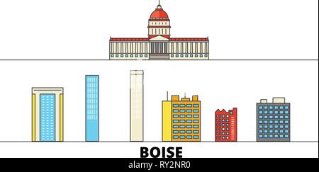 Stati Uniti Boise flat landmarks illustrazione vettoriale. Stati Uniti, linea di Boise City con le più famose attrazioni di viaggio, skyline, design. Illustrazione Vettoriale