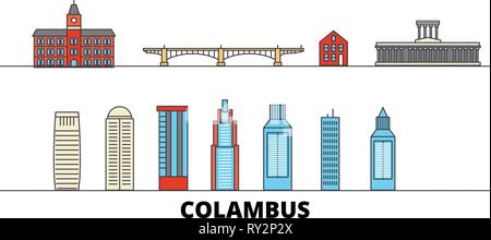 Stati Uniti, Columbus Appartamento landmarks illustrazione vettoriale. Stati Uniti, Columbus città di linea con le più famose attrazioni di viaggio, skyline, design. Illustrazione Vettoriale