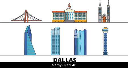 Stati Uniti, Dallas flat landmarks illustrazione vettoriale. Stati Uniti, Dallas città di linea con le più famose attrazioni di viaggio, skyline, design. Illustrazione Vettoriale