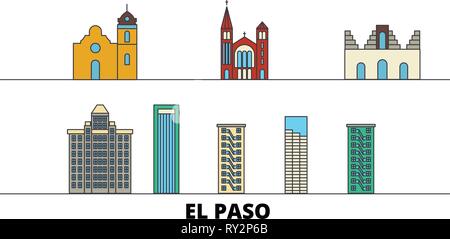 Stati Uniti, El Paso flat landmarks illustrazione vettoriale. Stati Uniti, El Paso città di linea con le più famose attrazioni di viaggio, skyline, design. Illustrazione Vettoriale