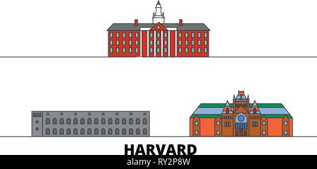 Stati Uniti, Harvard flat landmarks illustrazione vettoriale. Stati Uniti, Harvard città di linea con le più famose attrazioni di viaggio, skyline, design. Illustrazione Vettoriale