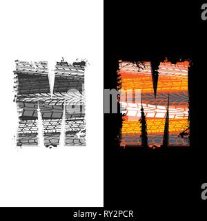 Due gruppi grunge lettera M con tracce di pneumatici isolate su sfondi differennt Illustrazione Vettoriale