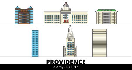 Stati Uniti, la Provvidenza flat landmarks illustrazione vettoriale. Stati Uniti, linea di Providence città con le più famose attrazioni di viaggio, skyline, design. Illustrazione Vettoriale