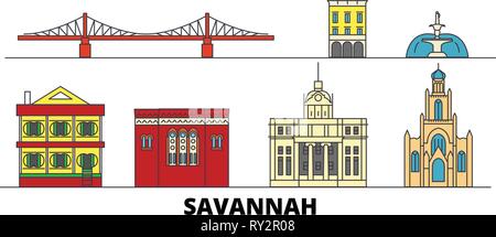 Stati Uniti, Savannah flat landmarks illustrazione vettoriale. Stati Uniti, Savannah città di linea con le più famose attrazioni di viaggio, skyline, design. Illustrazione Vettoriale