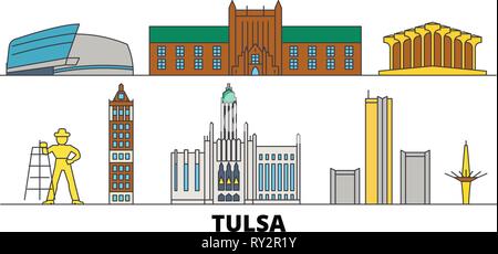 Stati Uniti, Tulsa flat landmarks illustrazione vettoriale. Stati Uniti, Tulsa città di linea con le più famose attrazioni di viaggio, skyline, design. Illustrazione Vettoriale