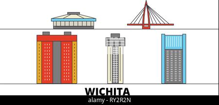 Stati Uniti, Wichita punti di riferimento piatta illustrazione vettoriale. Stati Uniti, linea di Wichita city con le più famose attrazioni di viaggio, skyline, design. Illustrazione Vettoriale