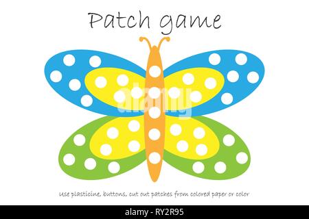 Istruzione gioco Patch butterfly per i bambini a sviluppare le abilità motorie, utilizzare le patch di plastilina, pulsanti, carta colorata o il colore della pagina, i bambini in età prescolare Illustrazione Vettoriale