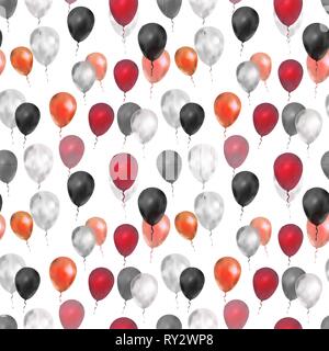 Un sacco di palloncini di lusso in rosso, argento e nero i colori, seamless pattern su bianco Illustrazione Vettoriale